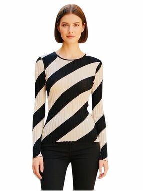 Theory NEW Crewneck Sweater in Striped Silk Intarsia.